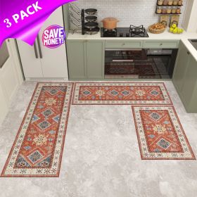 Kitchen Rug Sets 3 Piece with Runner Non Slip Kitchen Rugs and Mats Washable Kitchen Mats for Floor Thick Kitchen Floor Mat Carpet Runner Rugs fo (Color: Red)